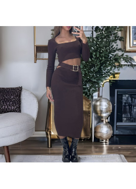 Ensemble haut et jupe marron avec accessoire ceinture intégré - 2