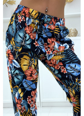 Pantalon fluide marine à motif floral B-59 - 1