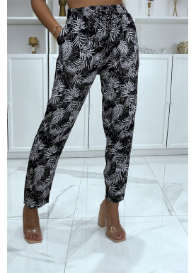 Pantalon noir et blanc à motif feuillage, fluide élastique à la taille - 1