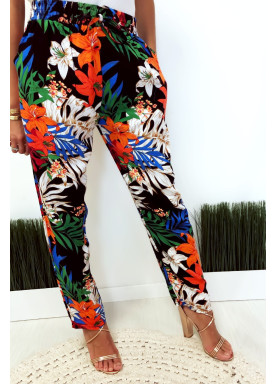 Pantalon fluide très agréable à porter en coton, motif fleuri noir avec poche et lacet - 1