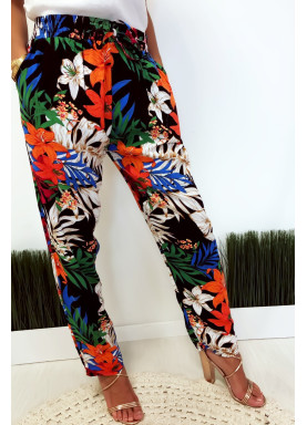 Pantalon fluide très agréable à porter en coton, motif fleuri noir avec poche et lacet - 2