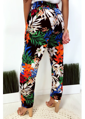 Pantalon fluide très agréable à porter en coton, motif fleuri noir avec poche et lacet - 3