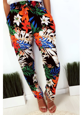 Pantalon fluide très agréable à porter en coton, motif fleuri noir avec poche et lacet - 4