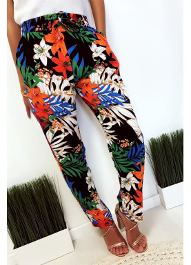 Pantalon fluide très agréable à porter en coton, motif fleuri noir avec poche et lacet - 5
