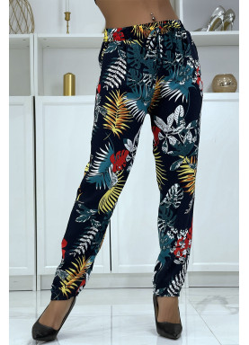 Pantalon fluide marine à motif floral B-5 - 1