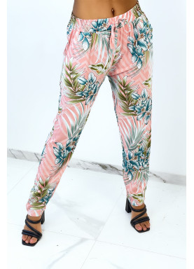 Pantalon fluide rose à rayures en pointillés et imprimé floral - 1