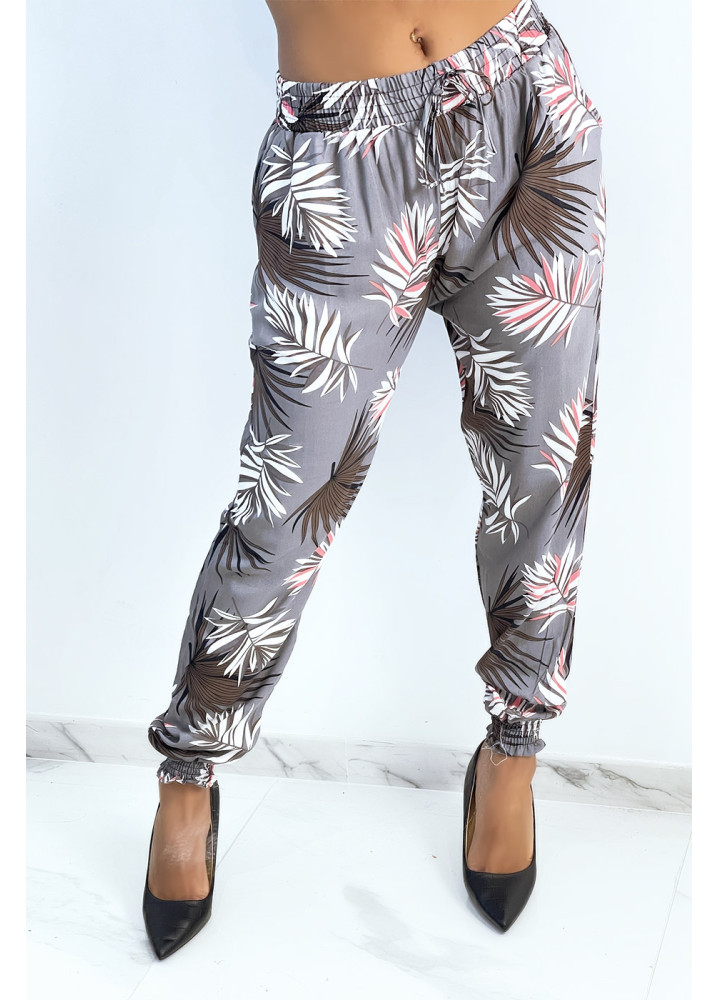Pantalon ample gris à imprimé feuillage d'automne - 3