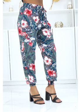 Pantalon gris à motif floral, fluide élastique à la taille et aux chevilles  - 2
