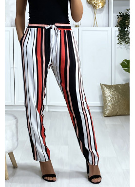Pantalon rayé en coton rose rouge blanc avec poches - 2