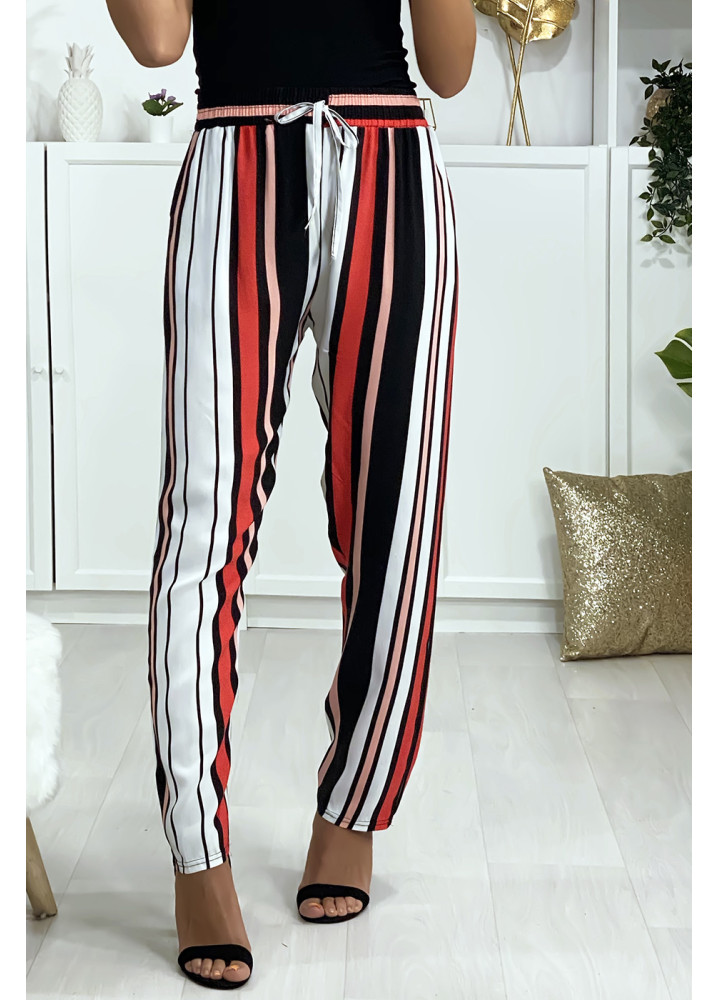 Pantalon rayé en coton rose rouge blanc avec poches - 3