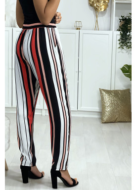 Pantalon rayé en coton rose rouge blanc avec poches - 4