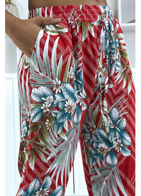 Pantalon fluide rouge à motif floral a-14 - 1