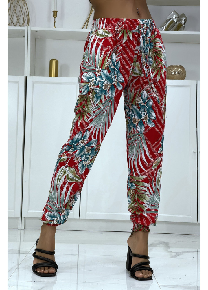 Pantalon fluide rouge à motif floral a-14 - 3