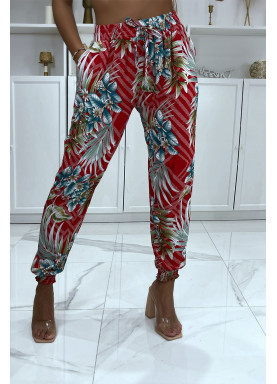 Pantalon fluide rouge à motif floral a-14 - 5