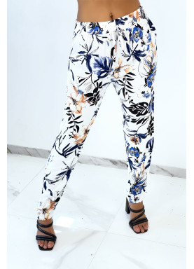 Pantalon blanc cigarette fluide à magnifique fleurs colorées  - 1