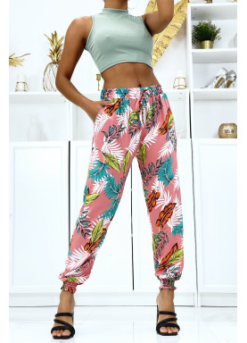 Pantalon feuillage rose fluide élastique à la taille et aux chevilles  - 1