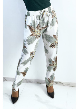 Pantalon fluide blanc à imprimé feuillage et fleuri - 1