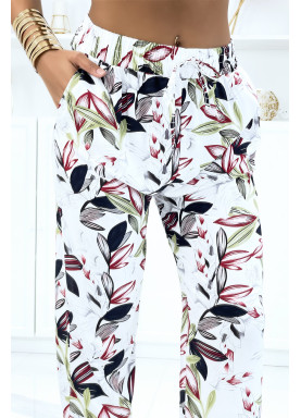 Pantalon blanc à feuillage, fluide élastique à la taille - 4