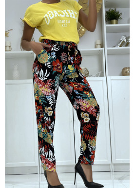 Pantalon fluide noir à motif floral B-59 - 1