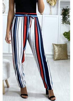 Pantalon rayé en coton bleu rouge blanc avec poches - 1