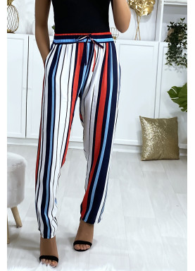 Pantalon rayé en coton bleu rouge blanc avec poches - 2