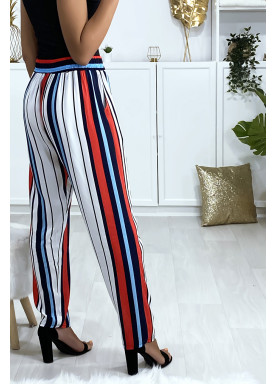 Pantalon rayé en coton bleu rouge blanc avec poches - 4