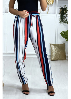Pantalon rayé en coton bleu rouge blanc avec poches - 6
