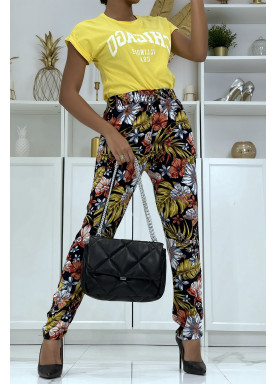 Pantalon fluide moutarde à motif floral B-59 - 1