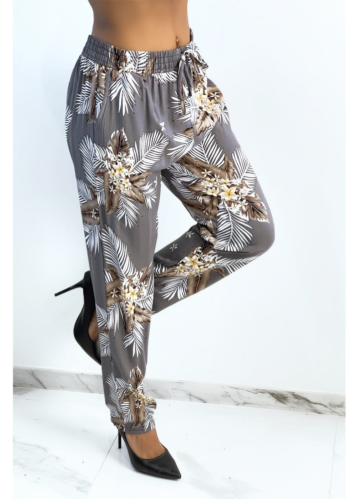 Pantalon fluide gris à imprimé feuillage et fleuri - 1