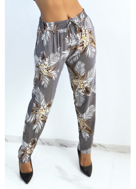 Pantalon fluide gris à imprimé feuillage et fleuri - 3