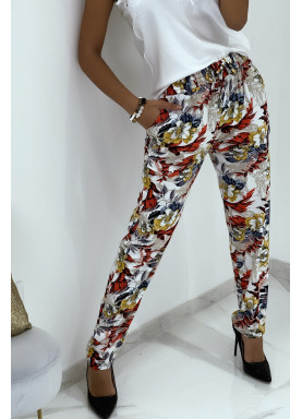 Pantalon fluide blanc à motif floral B-59 - 1