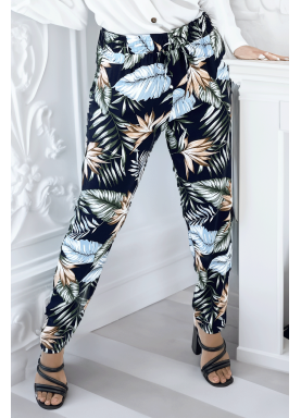 Pantalon fluide marine coupe droite à motif feuilles bleues et verts  - 1