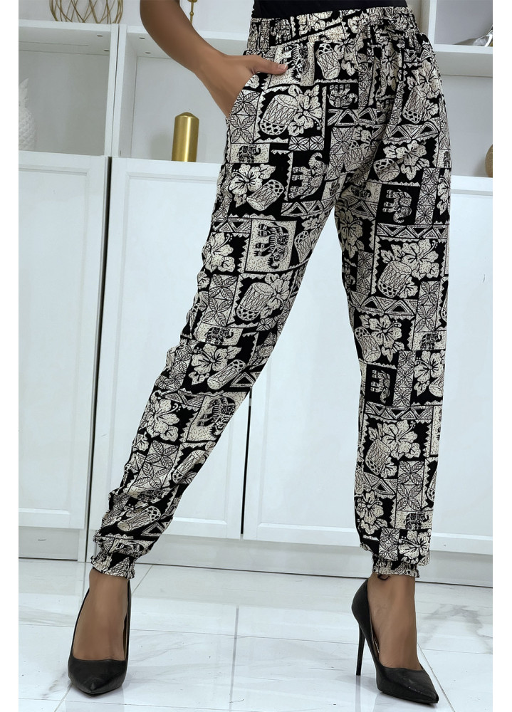 Pantalon fluide noir à motif ethnique A-21 - 1
