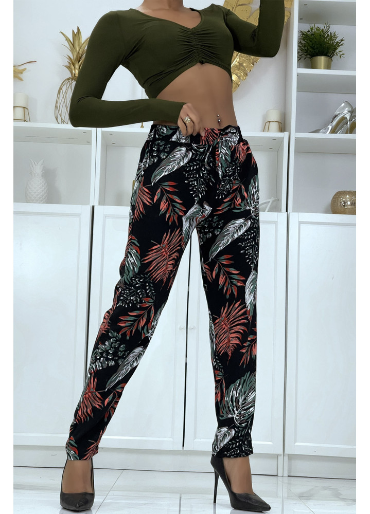 Pantalon fluide noir à motif floral B-15 - 1