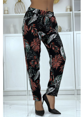 Pantalon fluide noir à motif floral B-15 - 3