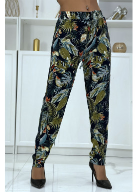 Pantalon fluide marine à motif floral B-23 - 1