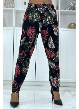Pantalon fluide marine à motif floral B-15 - 1