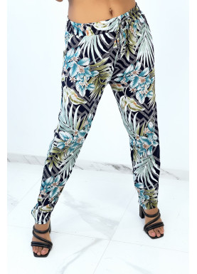 Pantalon fluide marine à rayures en pointillés et imprimé floral - 1