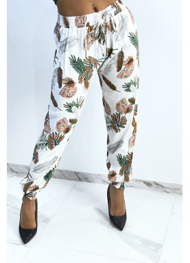 Pantalon fluide blanc à motif feuillage - 1