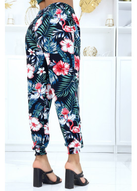Pantalon noir à motif floral, fluide élastique à la taille et aux chevilles  - 3