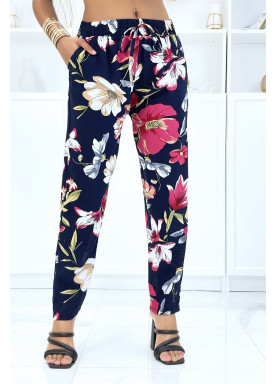 Pantalon marine à motif floral, fluide élastique à la taille - 1