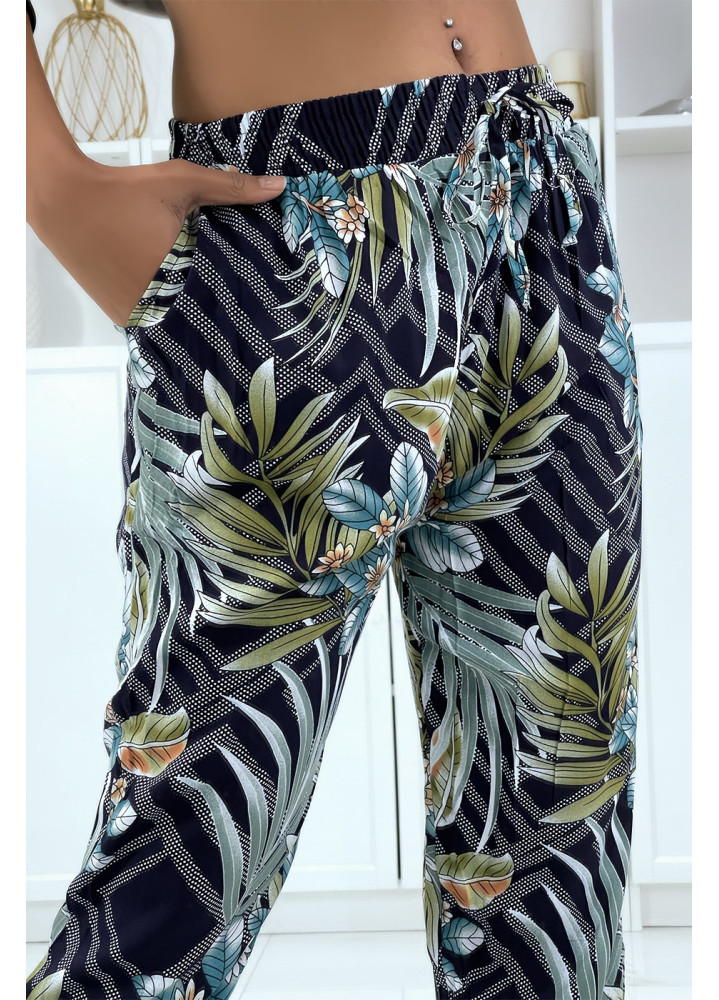 Pantalon fluide marine à motif floral a-14 - 1