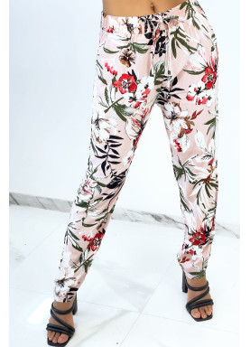 Pantalon rose cigarette fluide à magnifique fleurs colorées  - 1