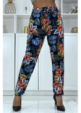 Pantalon fluide marine à motif floral B-29 - 1