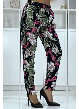 Pantalon fluide marine à motif floral B-21 - 2