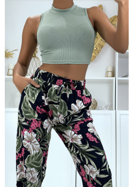 Pantalon fluide marine à motif floral B-21 - 4