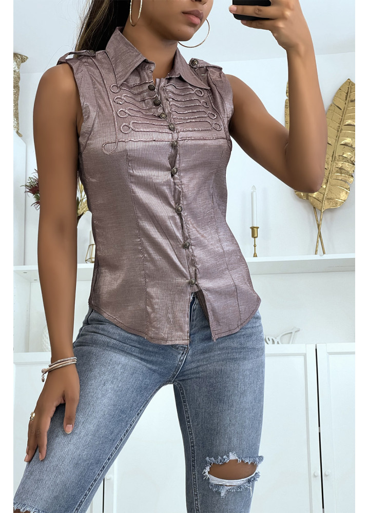 Chemise taupe sans manches avec détails brodés style officier 8047 - 1