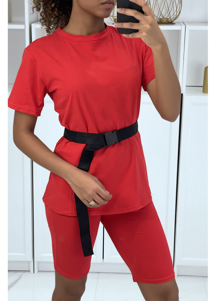 Ensemble T-shirt et cycliste rouge avec ceinture - 1