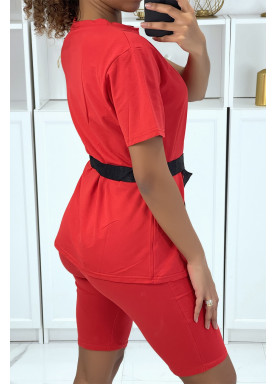 Ensemble T-shirt et cycliste rouge avec ceinture - 2