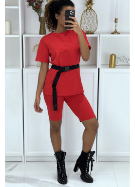 Ensemble T-shirt et cycliste rouge avec ceinture - 3